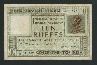 British India Rare 10 Rupees 1917 - 1930 P - 6 F / Vf See Image