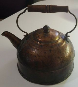 Antique Vintage Revere Ware Brass & Copper Tea Pot - Wooden Handle Rome N.  Y.