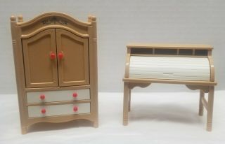 Vintage 1980 Tomy Smaller Homes Dollhouse Furniture.  Armoire And Roll Top Desk.