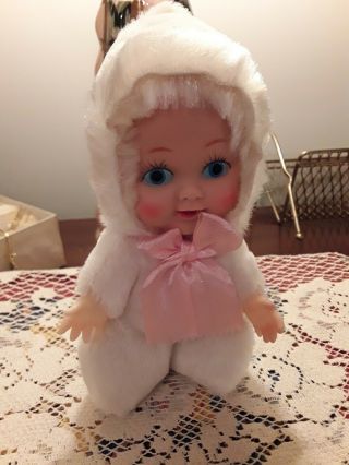 Vintage Sweet 8 1/2 In Plush White  Snow Baby " W/ Rubber Face And Pink Bow