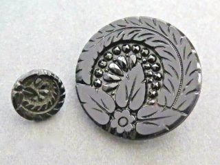 Antique Black Glass Fern Leaf Design Buttons - Mother Daughter Pair