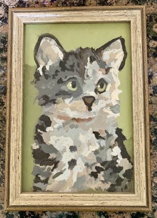 Vintage Tabby Cat Kitten Painting Portrait Framed Art,  1976