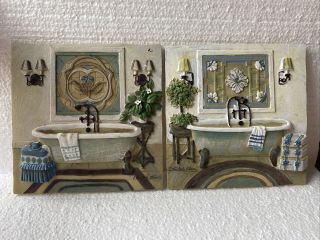 Bath Wall Plaque Resin 3d Pictures Newview Signed C.  Winterle Olson 2pc