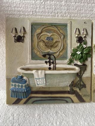 Bath Wall Plaque Resin 3D Pictures NewView Signed C.  Winterle Olson 2pc 2