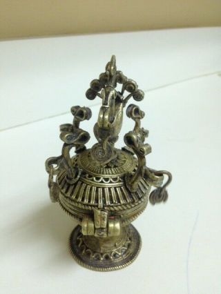 Elaborate Brass Hinged Covered Ritual Object 5 1/4 " Tall