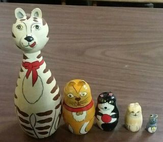 Vintage Russian Cat Wooden Dolls Matryoshka Wood Nesting Set Of 5 Hand Painted