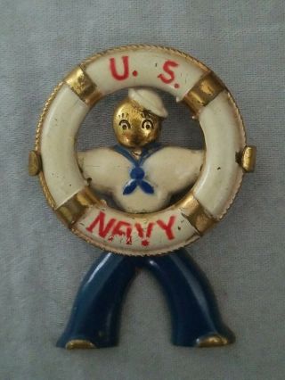 Vintage Antique U.  S.  Navy Sailor Pin/brooch Lifebuoy Enamel Rare Gold Tone