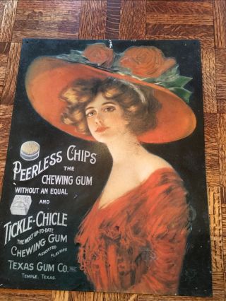 Rare Vintage Peerless Chips & Tickle - Chicle Texas Gum Co.  Tin Advertising Sign