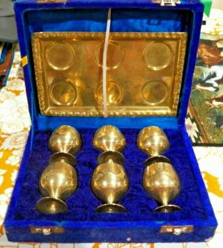 Vintage India Gold Colored Silver Plated Metal Shot Glasses (6) Set With Tray
