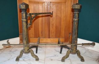 Fabulous Rare Antique Arts & Crafts Hammered Brass Iron Over Sized Andiron Pair