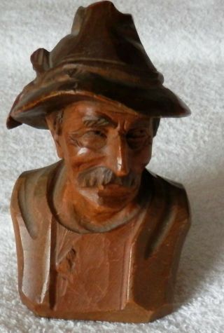 Black Forest Carved Bust Of Weathered Man With Feather In His Cap