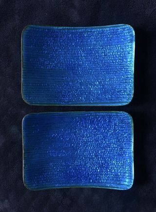 Rare Mid Century Studio Del Campo Italy Footed Blue Enamel Copper Plates
