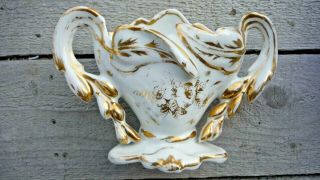Antique Mantle Vase White Porcelain Floral Gold Accents Fan Shape,  4 ¼” H – Euc