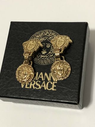 Rare Vtg Gianni Versace Gold Medusa Clip Earrings