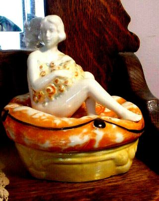 Antique Ladies Powder Box W Nude Lady Vtg Ceramic Glass Vanity 4 Christmas Gift