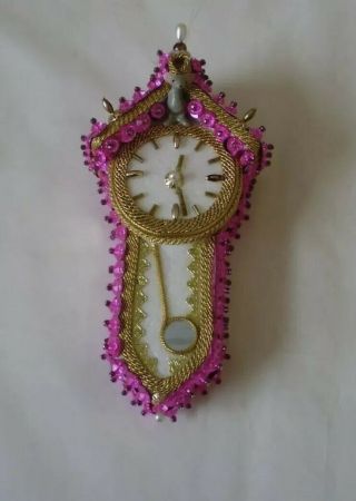 Rare Leewards Dickory Dock Clock Vintage Sequin Bead Christmas Ornament Pink Euc