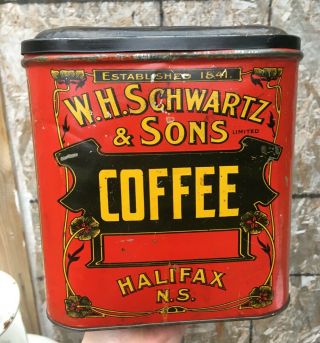 RARE 1910 ' s VINTAGE SCHWARTZ COFFEE TIN (W.  H.  SCHWARTZ & SONS - HALIFAX,  N.  S) 2