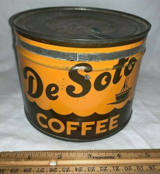 Antique Desoto Coffee Tin Litho 1lb Keywind Can Detroit Mi Country Store Grocery