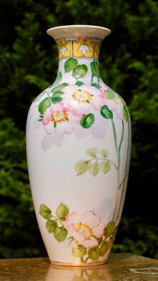 Vintage Japanese Ceramic Vase With Hand Painted Rose Decoration