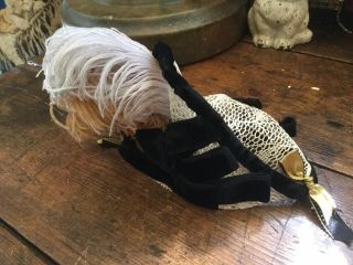 Antique Handmade Doll Hat Black Velvet Bows Ostrich Feathers On Netting