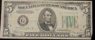 1934 B $5 Federal Reserve Note Chicago Light Green Seal Currency Rare Bill