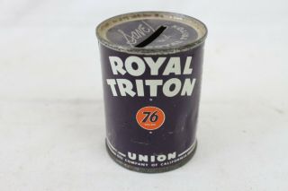 Vintage Metal Gas & Oil Can Bank Advertising Rare Royal Triton Union 76 Blue