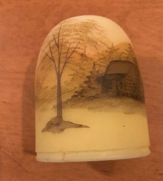 Antique Vtg Hand Painted Small Glass Lamp Shade Scenic Cabin Trees G.  Schlicher