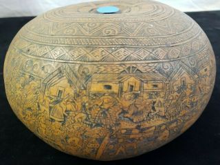 3 Rare Vtg Fine Detailed Etched Gourds Hand Carved Folk Art Peru South America 6