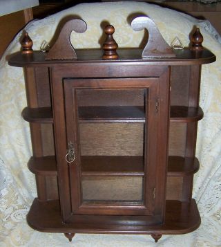 Vintage Wooden Table Top Or Wall Hanging Display Curio Cabinet W/ Glass Door