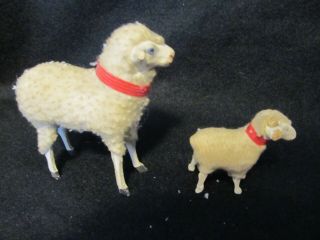 2 Antique German Putz Stick Leg Wooly Sheep Lamb