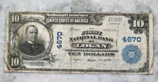 Series 1902 $10 First Nb Of Logan Utah.  Ch 4670.  Very Fine.  Rare