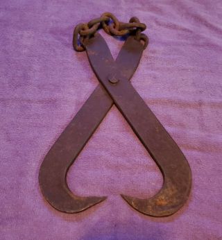 Antique Cast Iron Grab Hook Log Skid Tongs Hook Gripper Blacksmith Made