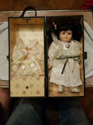 Porcelain Doll In Wooden Carrying Box Or Case With Extra Dress Very Elegant