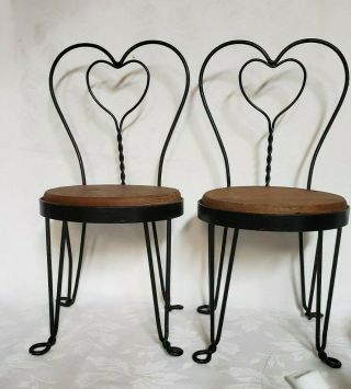 Vintage Heart Shape Rod Iron & Wood Doll Chair For 8 To 14 Inch Doll Two Chairs