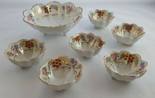 Antique Vintage Nippon Hand Painted Three Footed Sauce Bowl Nut Bowl Set