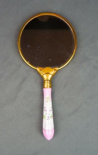 Vintage Antique Brass Vanity Hand Mirror With Pink Enamel Handle