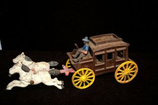 Antique Vintage Cast Iron Horse - Drawn Stage Coach Metal Toy With Cowboy Driver