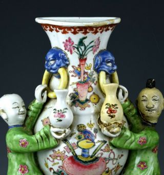 RARE ANTIQUE CHINESE FAMILLE ROSE ENAMEL BOY FIGURAL PRECIOUS OBJECTS WALL VASES 2