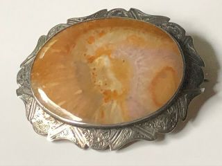 Antique Vintage Victorian Large Oval Sterling Silver & Smooth Agate Brooch Pin
