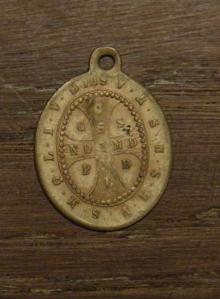 Antique Religious Bronze Medal Pendant Saint Benedictus For Exorcism
