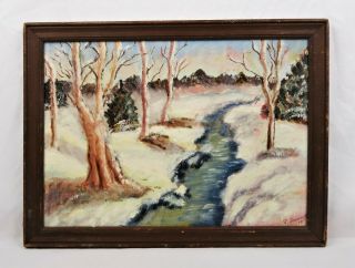 Vintage Mid Century Impressionist Oil Painting Of Winter Forest Landscape Scene