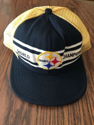 Rare Vtg Ajd Pittsburgh Steelers World Champions Trucker Mesh Snapback Hat 1970s