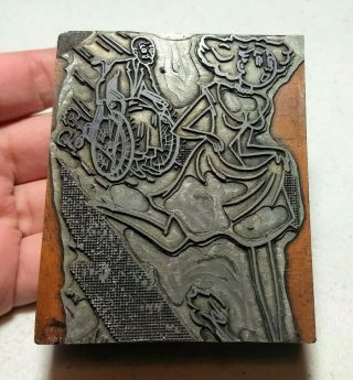 Vintage Letterpress Printing Block Old Man In Wheelchair Chasing Young Woman