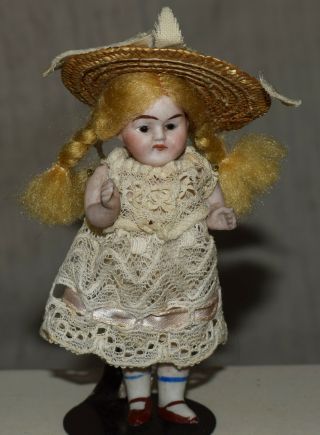 Vintage All Bisque Doll - 4 " Tall - Girl In Dress With Hat