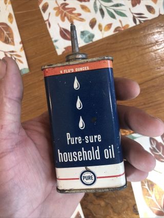 Vintage Advertising Pure Sure Household Oil Lead Top Oiler Rare Vg Gas Petroleum