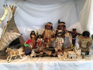Vintage Native American Indian Leather Teepee & 6 Sleepy Eye Dolls,  More