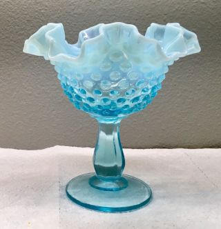 Rare Fenton Blue Opalescent Hobnail Footed Candy Compote/comport Ruffled Edges