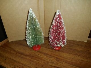 2 Antique Putz Bottle Brush Snow Flocked Red Base 9” Christmas Trees Red Green
