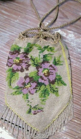 Antique Victorian Micro Bead Drawstring Bag Vintage Purse Flowers And Fringe