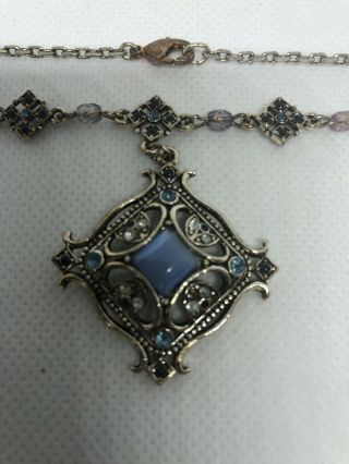 Vintage Necklace By Avon Blue Cats Eye Stone And Blue Rhinestone Silver Tone